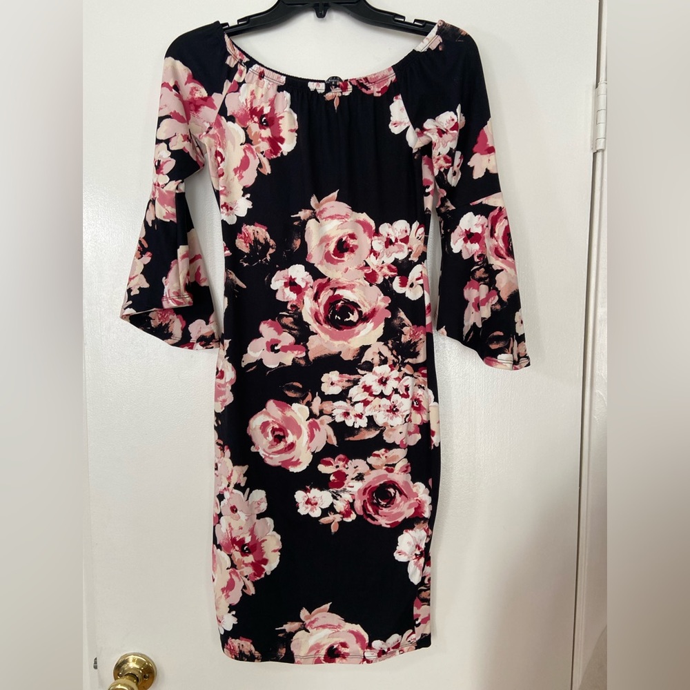 Floral knee length fitted dress, size small